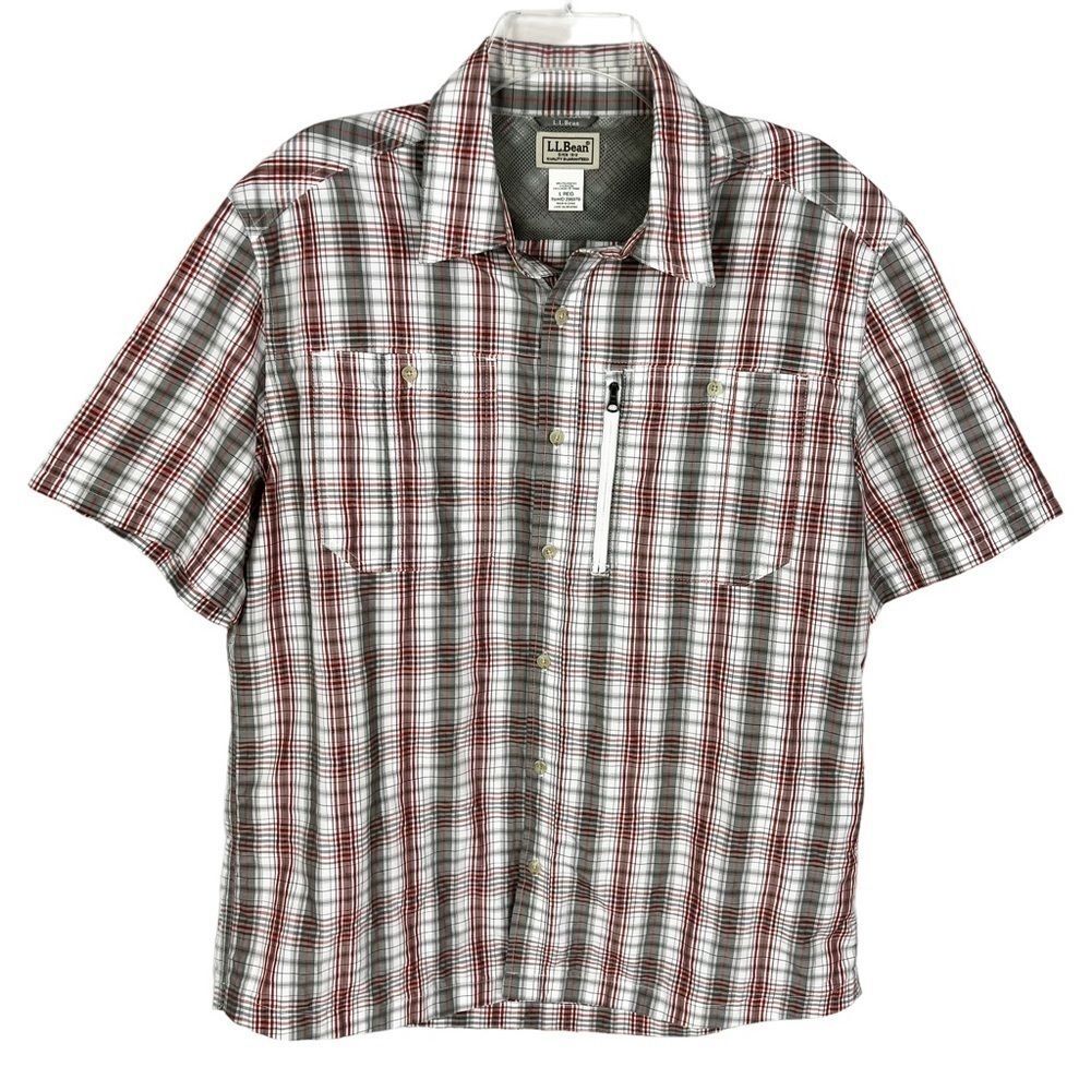 L.L. Bean Grey Red Plaid Nylon Blend Outdoor Hiking Short Sleeve Button Shirt
